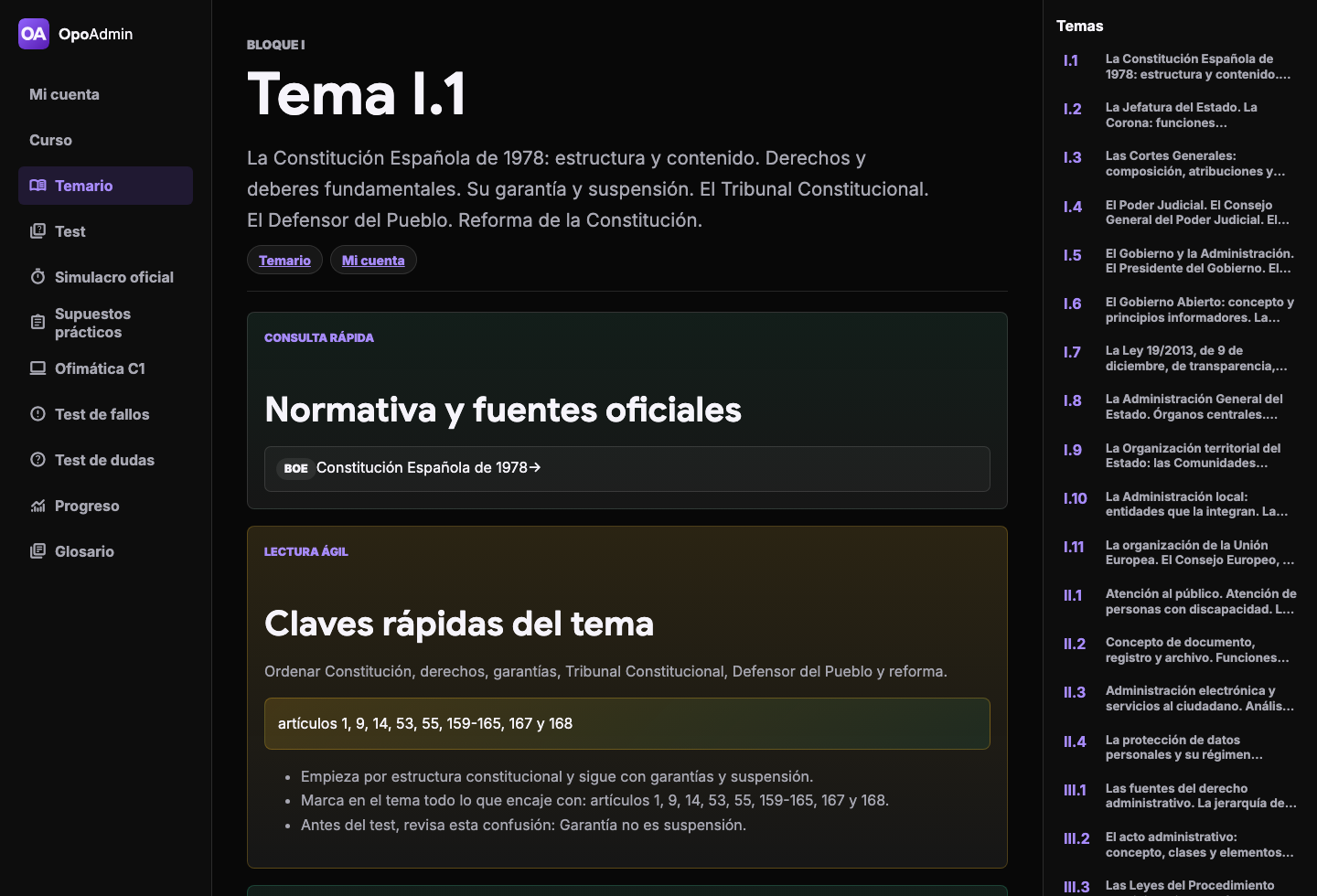 Captura real del tema 1 de OpoAdmin en escritorio
