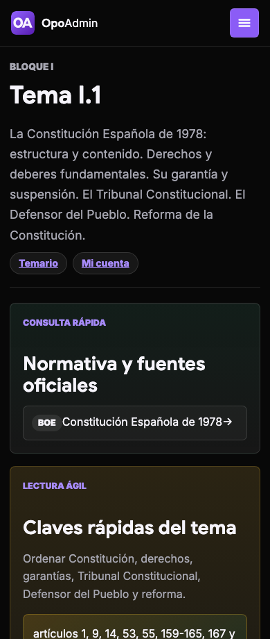 Captura real del tema 1 de OpoAdmin en móvil